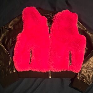 Pink Faux Fur Jacket with Black Sleeves- Faux Leather